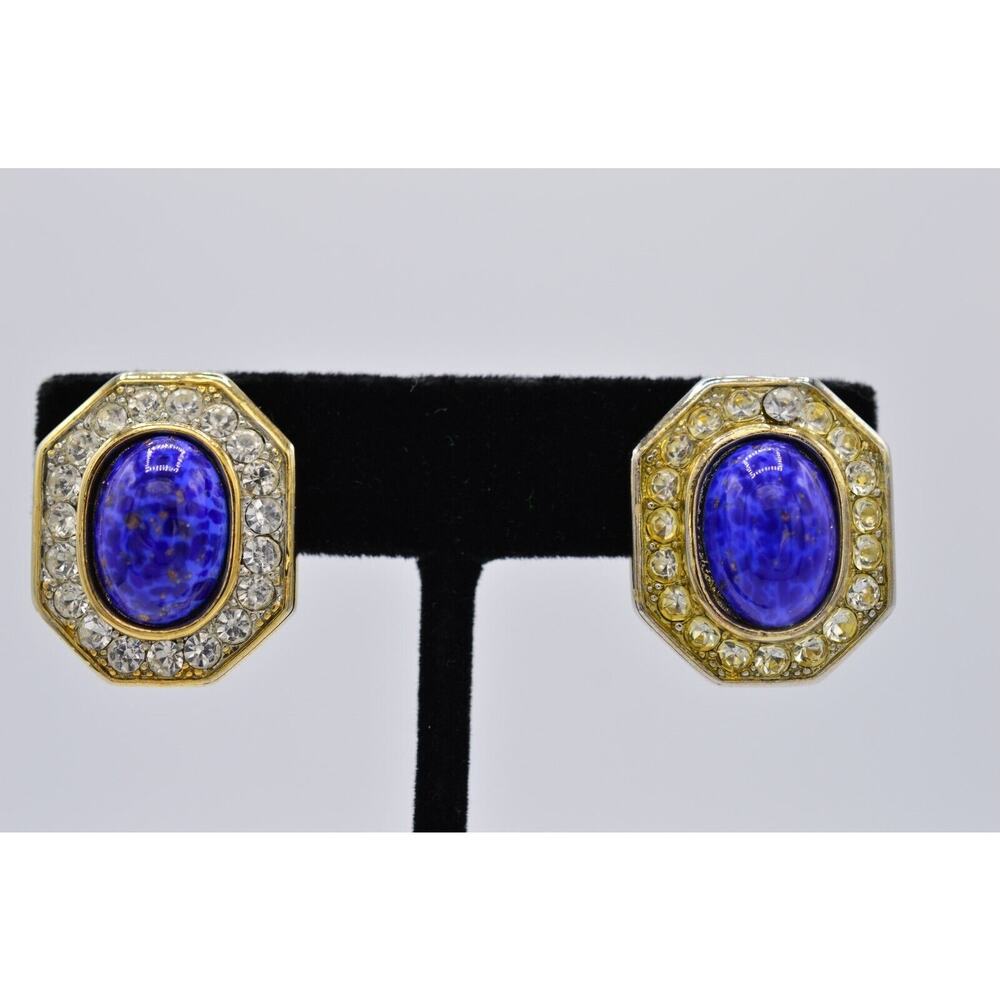 TAT Vintage Cabochon Clip Earrings Blue Rhinestone Crystal Signed 1980s BinX